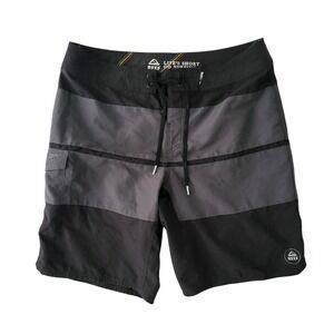 Reef Mens Board Shorts Size 34 Black Grey Stripe Surf Swim Trunks Beach Vacation